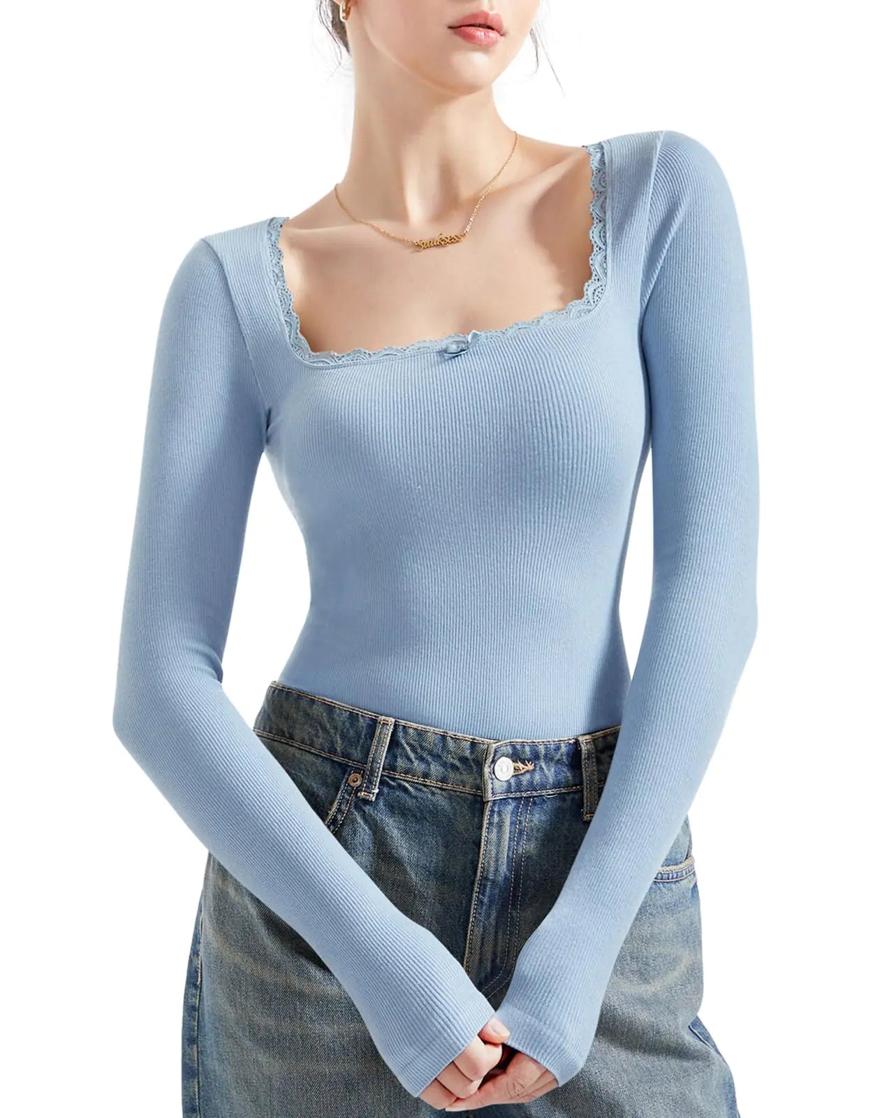 SUUKSESS Women Square Neck Ribbed Long Sleeve Shirts Lace Trim Y2k Crop Top (BlueXS)