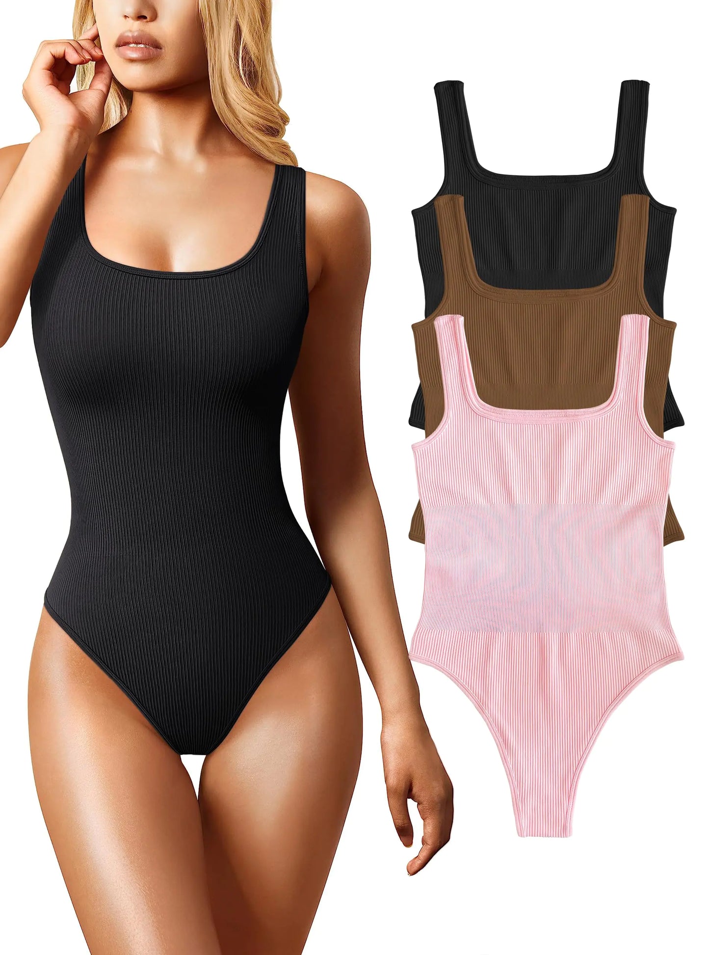 eoeoo Womens 3 Piece Bodysuits Sexy Sleeveless Square Neck Ribbed Bodysuit Tank Tops Black Coffee Pink Medium