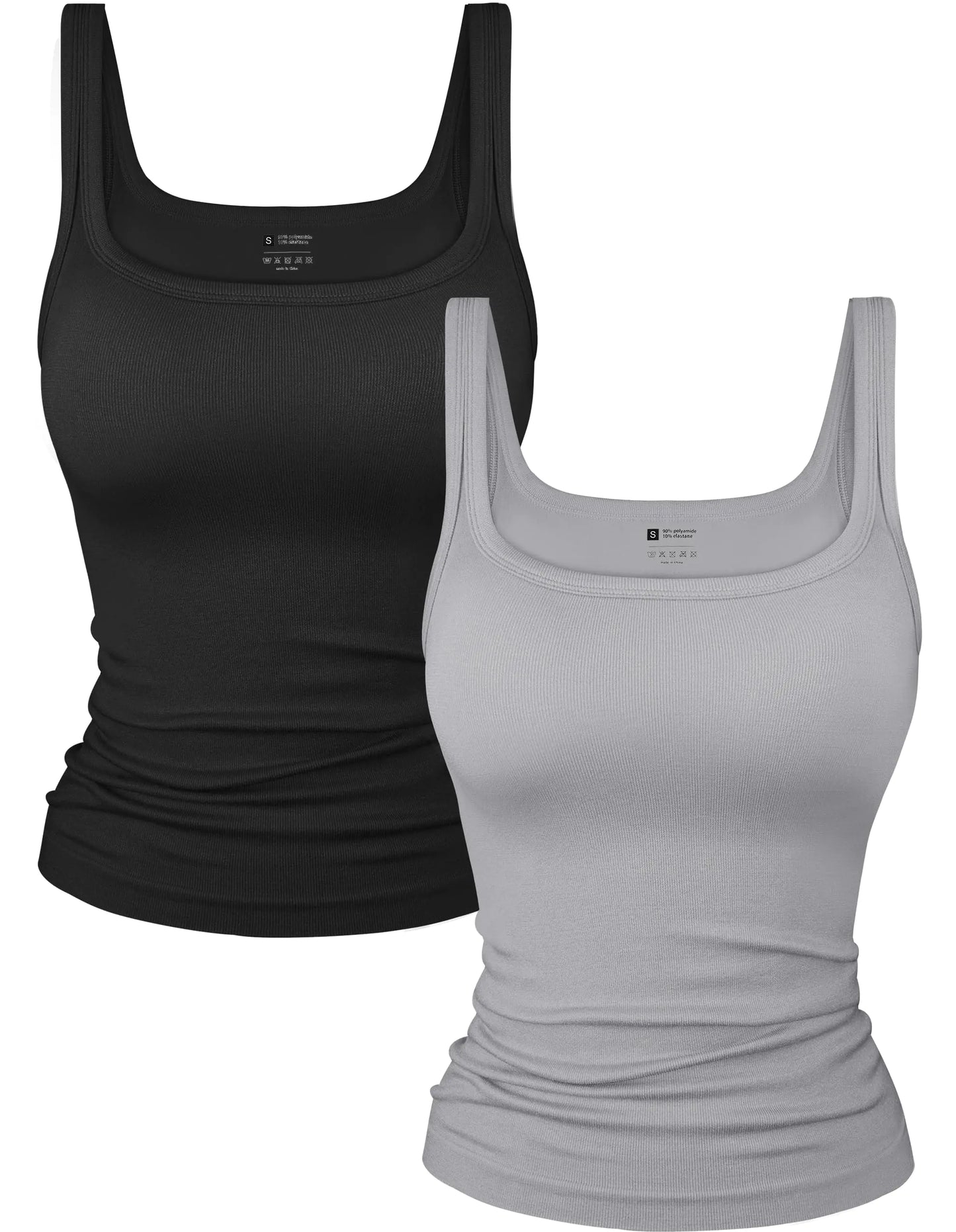 OLCHEE Womens 2PK Square Neck Tank Tops Long Seamless Ribbed Trendy Going Out Basic Shirts 2024 Summer Slim Fit Cami - Black Grey X-Small