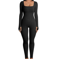 Autumn Winter Women's Ribbed Bodysuit with Square Neck