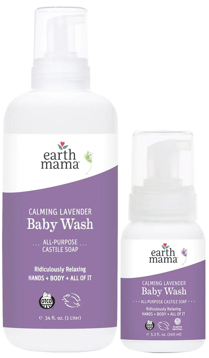 Earth Mama Calming Lavender Baby Wash Liquid Foaming Hand Soap Set Organic All-Purpose Lavender Body Wash for Sensitive Skin Castile Soap Coconut Oil Calendula & Aloe 5.3Fl Oz & Liter Refill