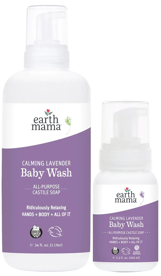 Earth Mama Calming Lavender Baby Wash Liquid Foaming Hand Soap Set Organic All-Purpose Lavender Body Wash for Sensitive Skin Castile Soap Coconut Oil Calendula & Aloe 5.3Fl Oz & Liter Refill