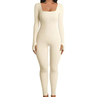 Autumn Winter Women's Ribbed Bodysuit with Square Neck