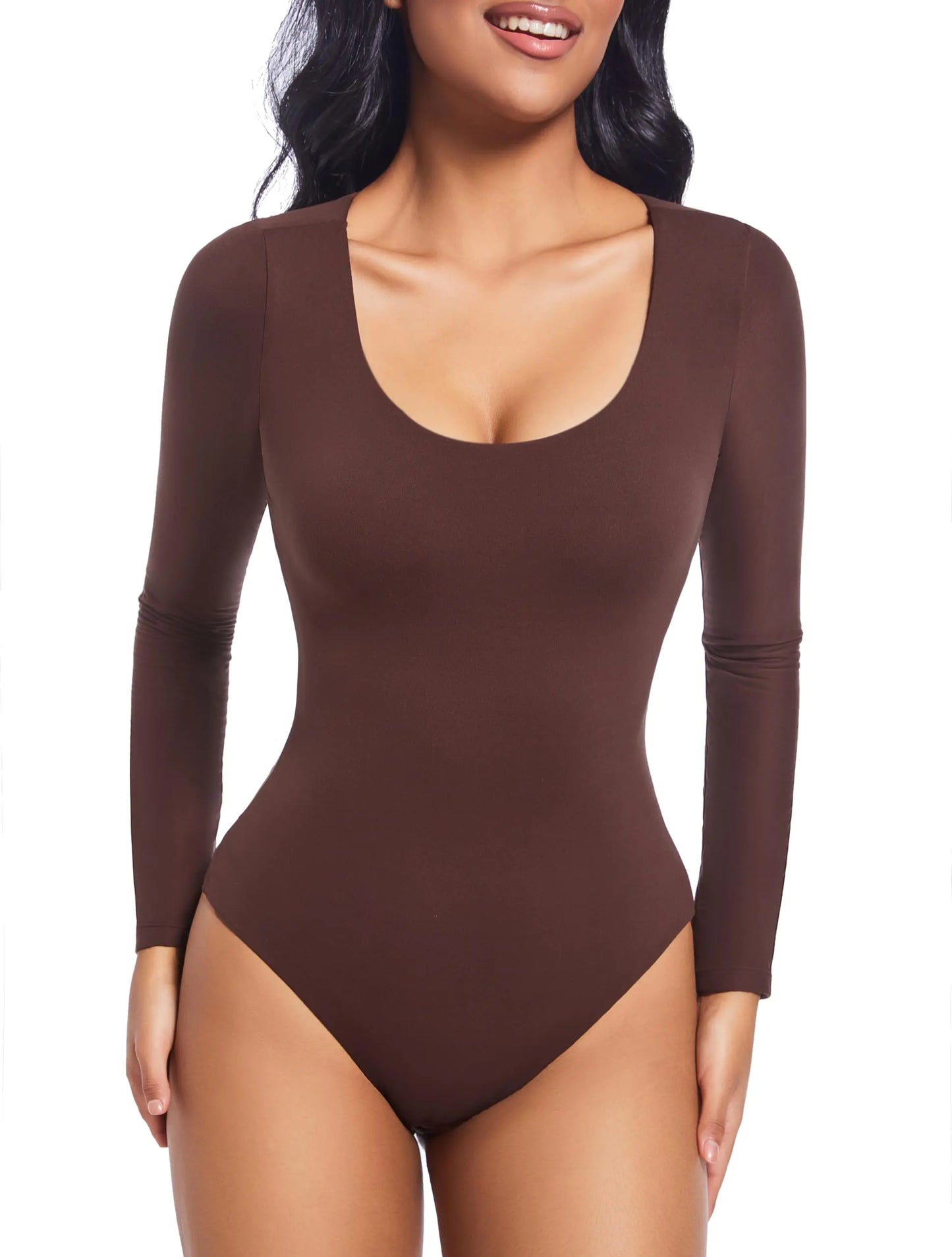 GLOWSUMM Double Lined Scoop Neck Long Sleeve Bodysuits for Women Light and Soft Sexy Thong Body Suit Basic Tops (Coffee X-Large)