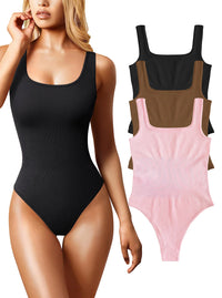 eoeoo Womens 3 Piece Bodysuits Sexy Sleeveless Square Neck Ribbed Bodysuit Tank Tops Black Coffee Pink Medium