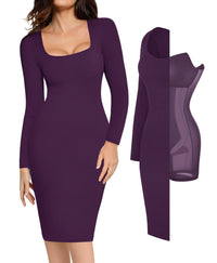 Popilush Long Sleeve Midi Dress Bodycon Party Dress Shapewear Tummy Control Fall Cocktail Dresses Built-in Bra