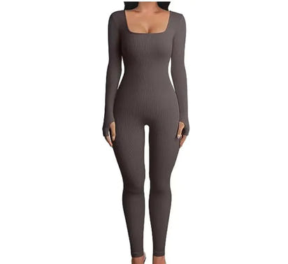 Autumn Winter Women's Ribbed Bodysuit with Square Neck