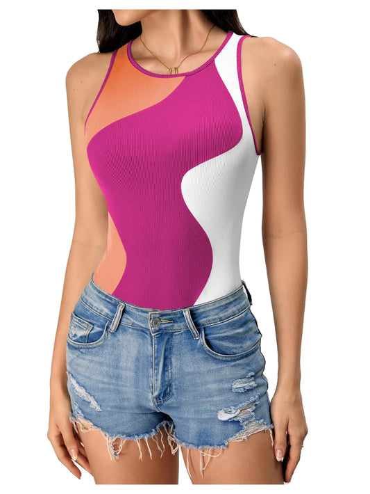 Verdusa Womens Color Block Sleeveless Scoop Neck Tank Bodysuit Top Multi Orange Hot Pink M