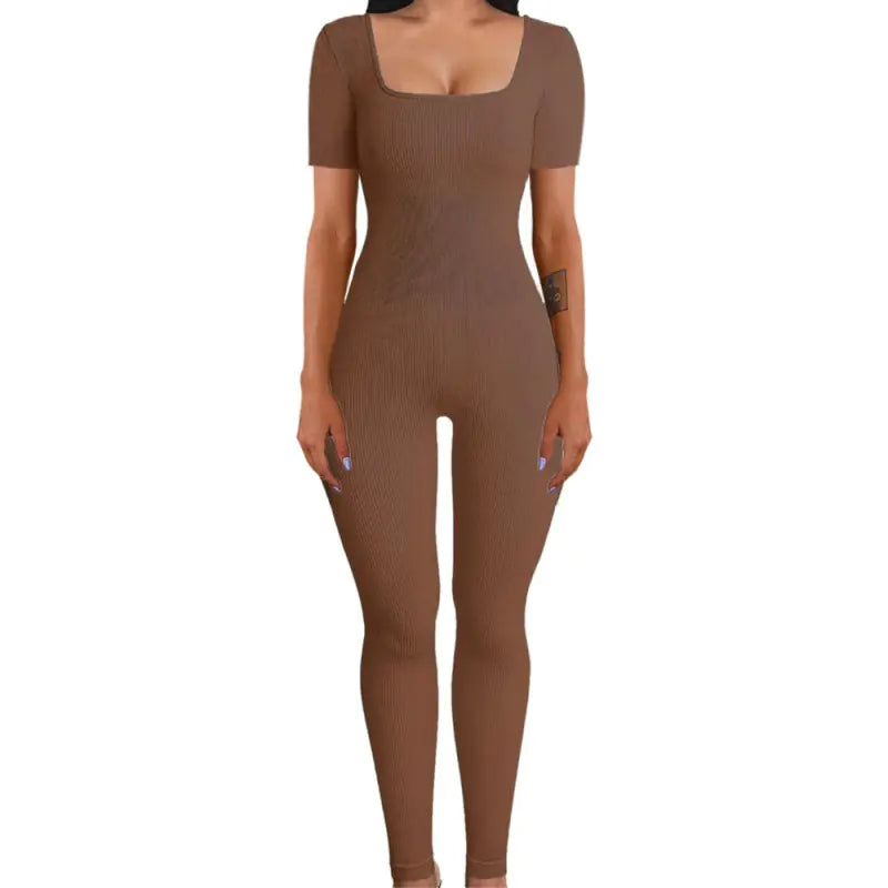 Autumn Winter Women's Ribbed Bodysuit with Square Neck