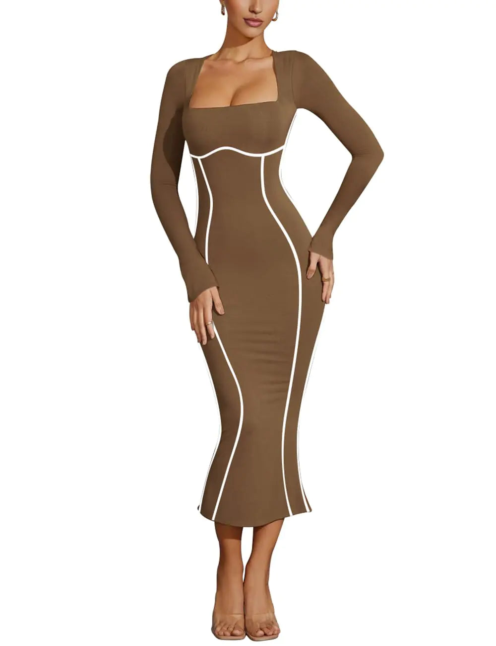Lrady Womens Sexy Square Neck Bodycon Midi Dresses Elegant Long Sleeve Back Slit Long Cocktail Club Dress Brown Medium