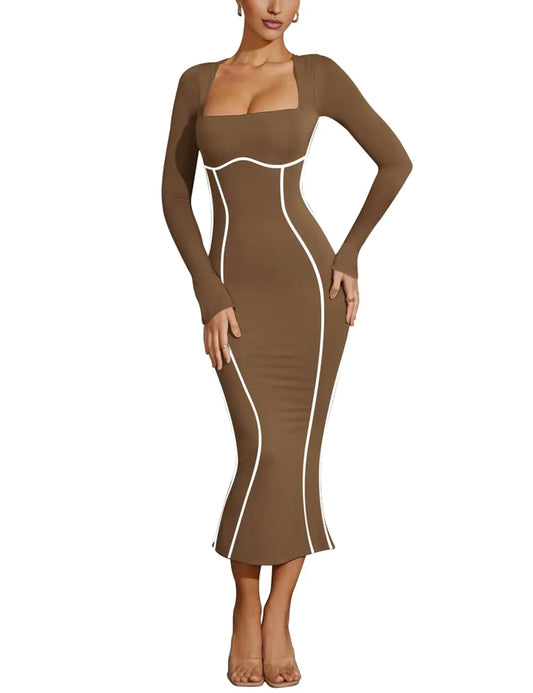 Lrady Womens Sexy Square Neck Bodycon Midi Dresses Elegant Long Sleeve Back Slit Long Cocktail Club Dress Brown Medium