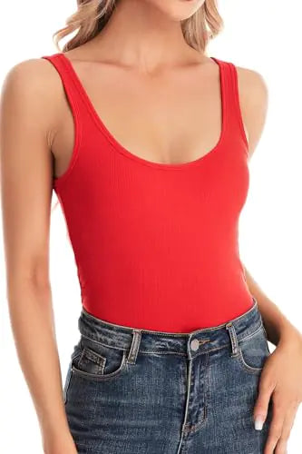 Red Tank Top Woman Cotton Ribbed Shirt Slim Fit Scoop Neck XL
