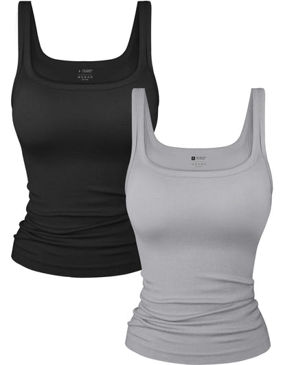 OLCHEE Womens 2PK Square Neck Tank Tops Long Seamless Ribbed Trendy Going Out Basic Shirts 2024 Summer Slim Fit Cami - Black Grey X-Small