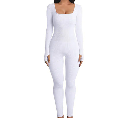 Autumn Winter Women's Ribbed Bodysuit with Square Neck