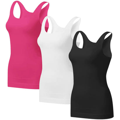 EUYZOU Womens 3PK Tummy Control Shapewear Tank Tops - Seamless Body Shaper Compression Top - Black/White/Rose S