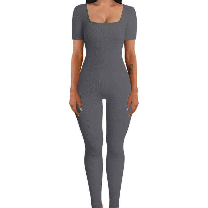 Autumn Winter Women's Ribbed Bodysuit with Square Neck