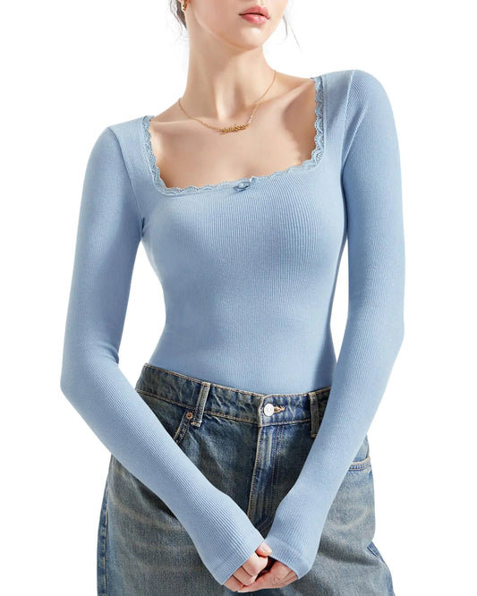 SUUKSESS Women Square Neck Ribbed Long Sleeve Shirts Lace Trim Y2k Crop Top (BlueXS)