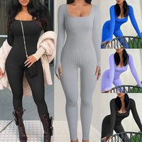 Autumn Winter Women's Ribbed Bodysuit with Square Neck